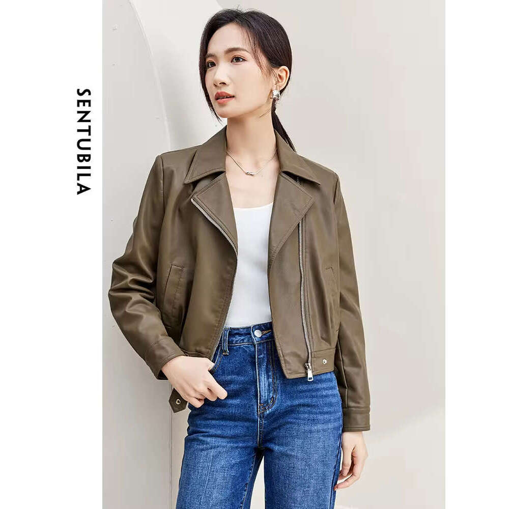 SENTUBILA Cropped Pu Bomber Women 2024 Autumn Winter Vintage Lapel Zip Up Faux Leather Jacket Motorcycle Coats