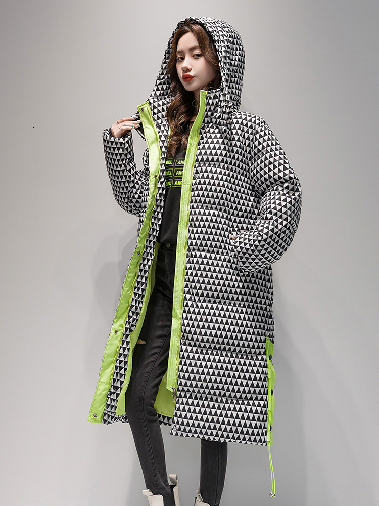 2023 Winter Plaid Long Coat Women ' S Fashion Thicken Hooded Puffer Jacket Female Windproof Warm Outwear