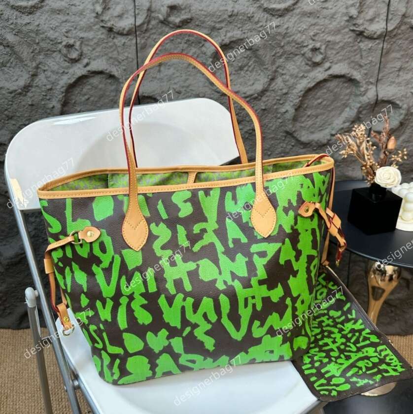 Womens designer bags green graffiti tote bag lady Leather printed shoulder Bag women handbags purse new with small letters high quality