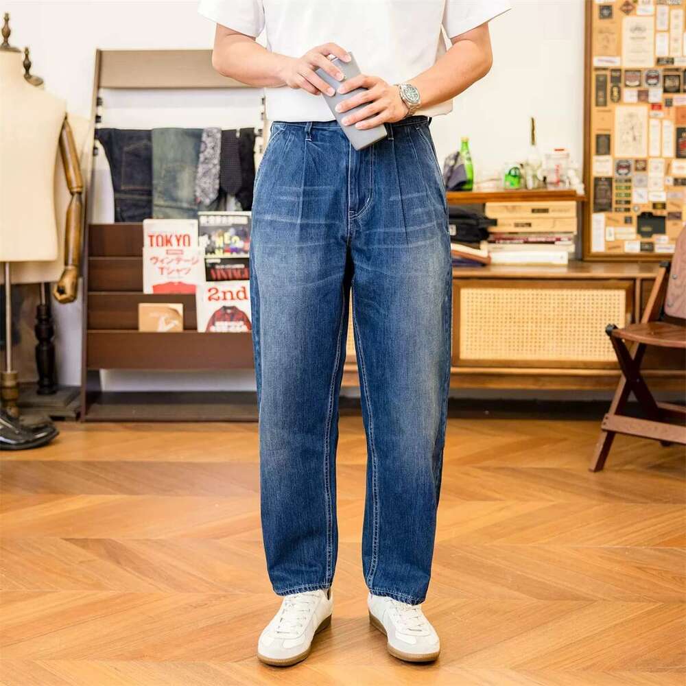 Red Tornado Denim Two Tuck Pants Ameki Style Men's Casual Trousers Washed Blue Jeans