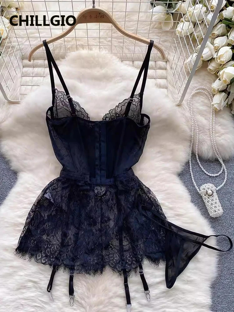 CHILLGIO Women Sexy Transparent Lace Spaghetti Strap Pajamas Dress Push Up Nightie Fashion Erotic Sleepwear Floral Nightgowns 241031