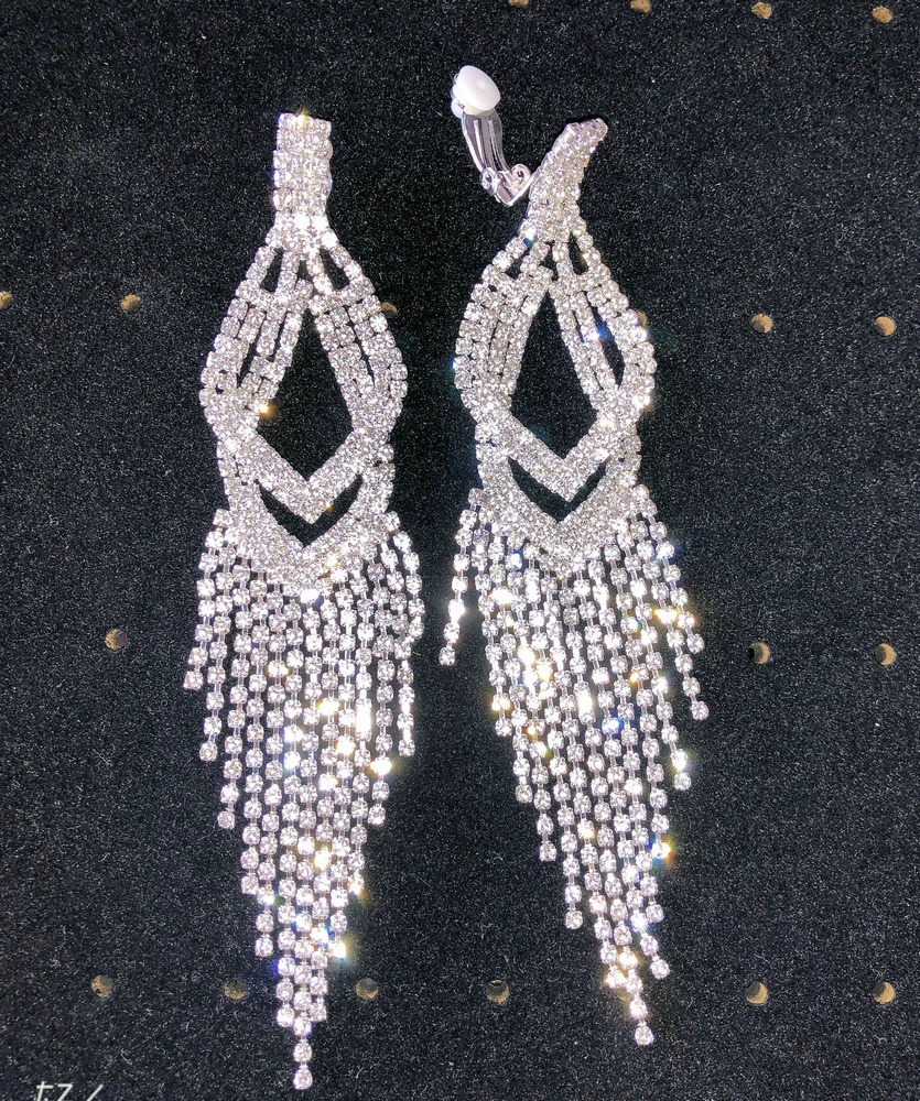Long Tassel Clip On Earrings Rhinestone Chandelier Boho Fringe Chain Earring for Wedding Bridal Party Jewelry 241030