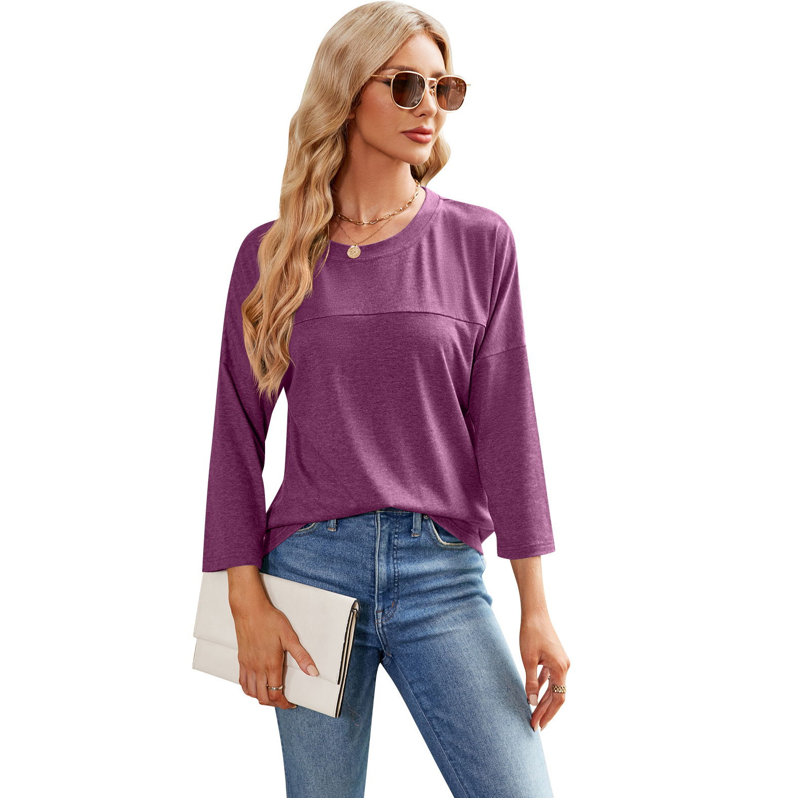 Designer's autumn and winter new solid color women's casual seven quarter sleeve round neck loose T-shirt