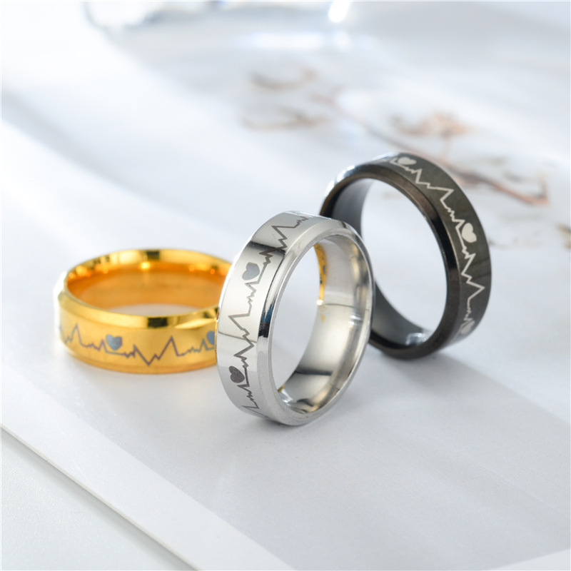 18K Gold Silver Titanium Steel Electrocardiogram Ring for Men Women Stainless Steel Couple Lovers Ring Jewelry Gift for Boyfriend Girlfriend Birthday 