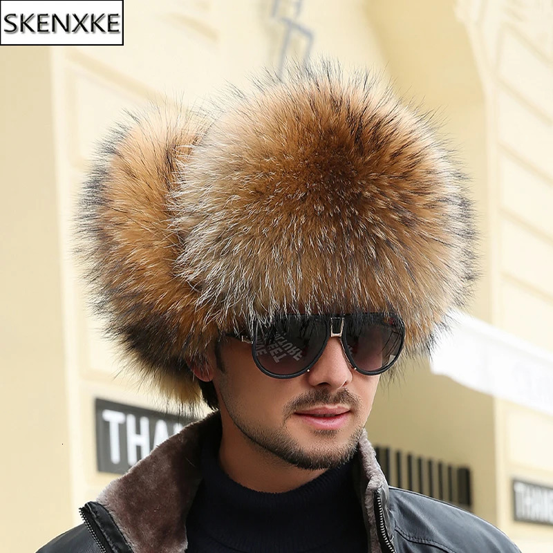 Winter Mens 100% Real Silver Fox Fur Bomber Hat Raccoon Fur Wusanka Hat Catcher Russian Mens Ski Hat Real Leather 241030