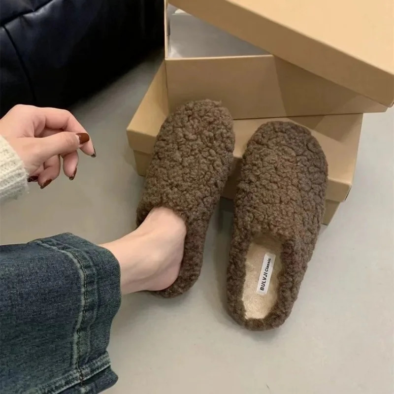 Style Real Leather Fur Women Horsehair Half Slippers Mule Flats Thick Sole Leisure Shoes 241031