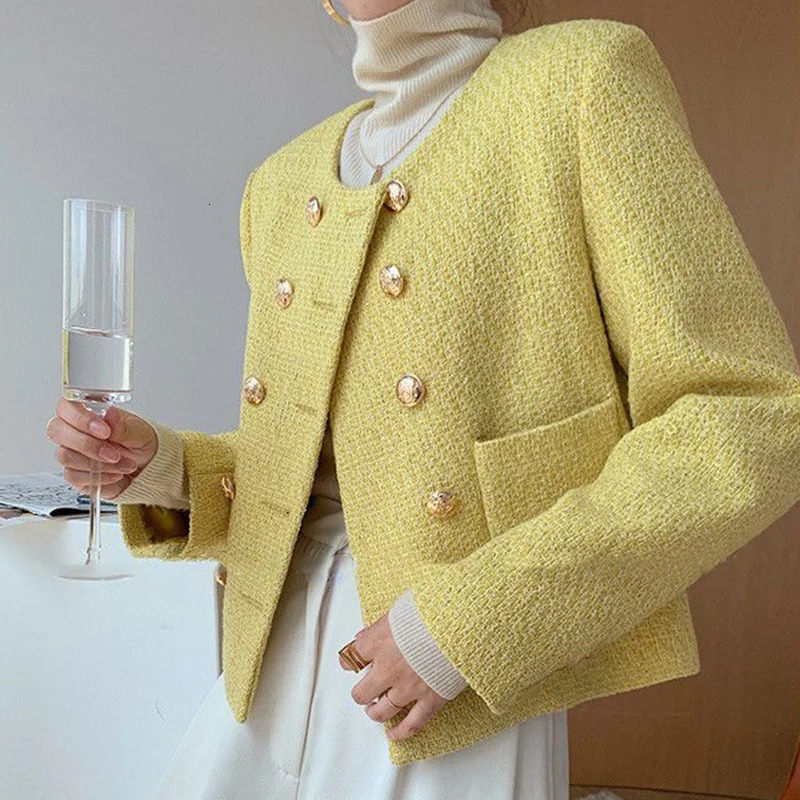 Rimcoy Womens Double-Breasted Tweed Jacket Round Neck Elegant Cropped Coats Women Korean Fashion Long Sleeve Solid Jackets 241031