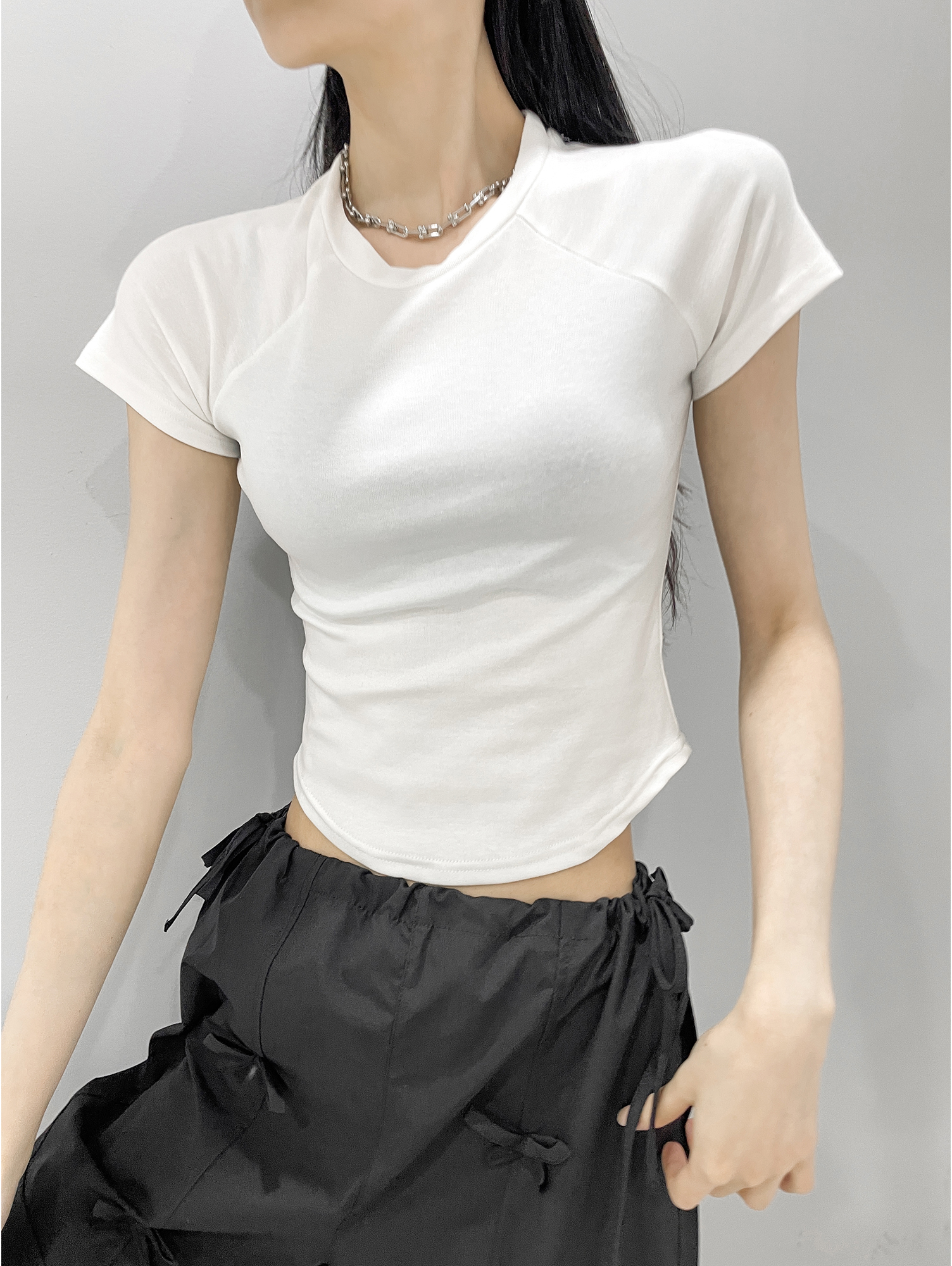 Dynamic girl style positive shoulder small fly sleeve short-sleeved T-shirt female 2024 new solid colour ol spicy girl tops