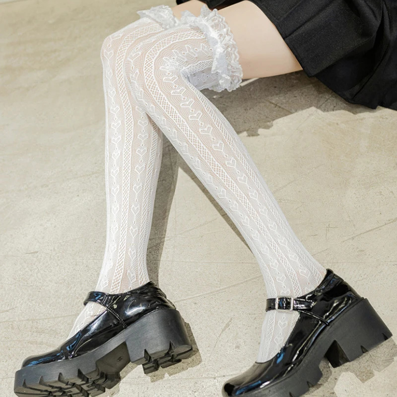 Women Lace Lolita High Tube Thigh Knee Socks Female Cute Long Tube Love Lace Japanese College Style Ultra-thin Sexy Black Socks 241031