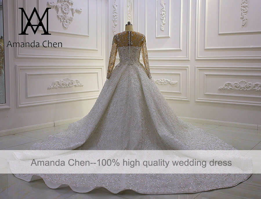 robe femme Full Sleeve Lace Appliques Crystal Wedding dress