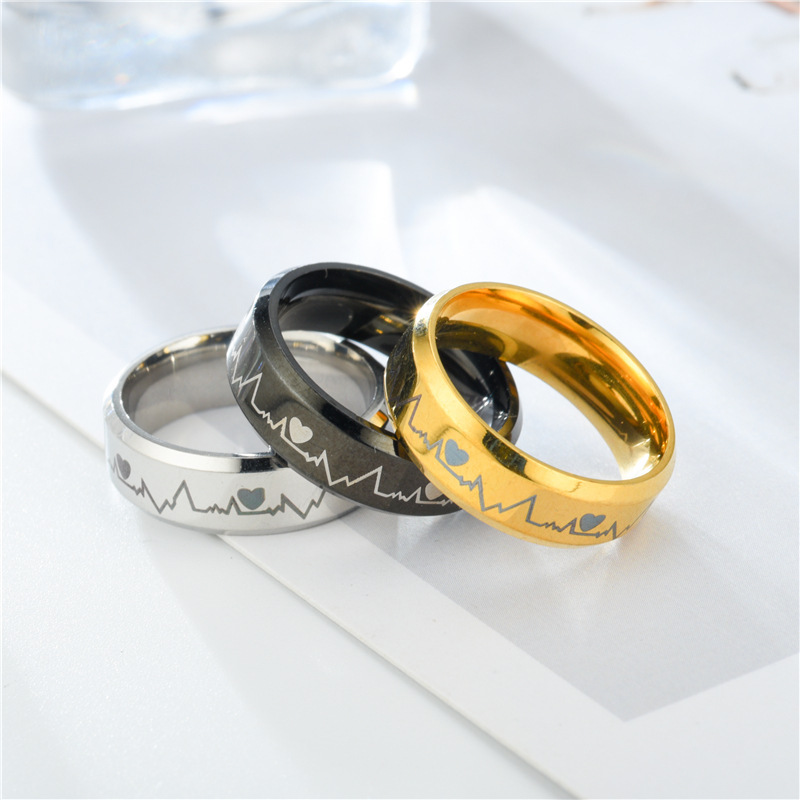 18K Gold Silver Titanium Steel Electrocardiogram Ring for Men Women Stainless Steel Couple Lovers Ring Jewelry Gift for Boyfriend Girlfriend Birthday 