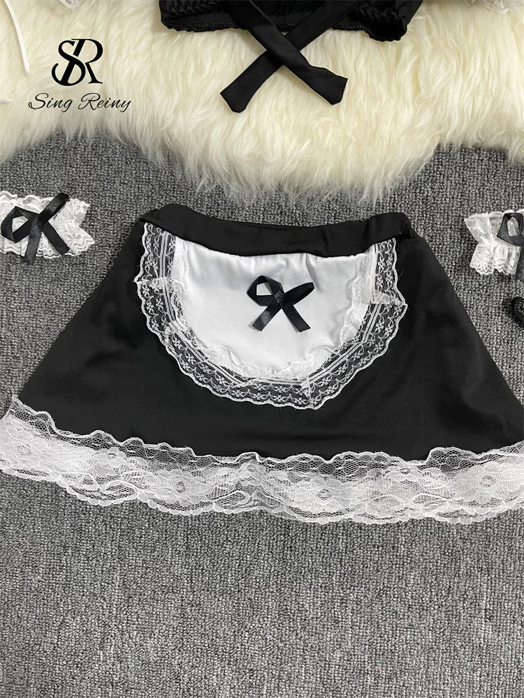 SINGREINY Women Cosplay Maid Erotic Three Pieces Sets Backless TopA-Line SkirtThongs Japan Style Bow Lace Pron Sexy Suits 241031
