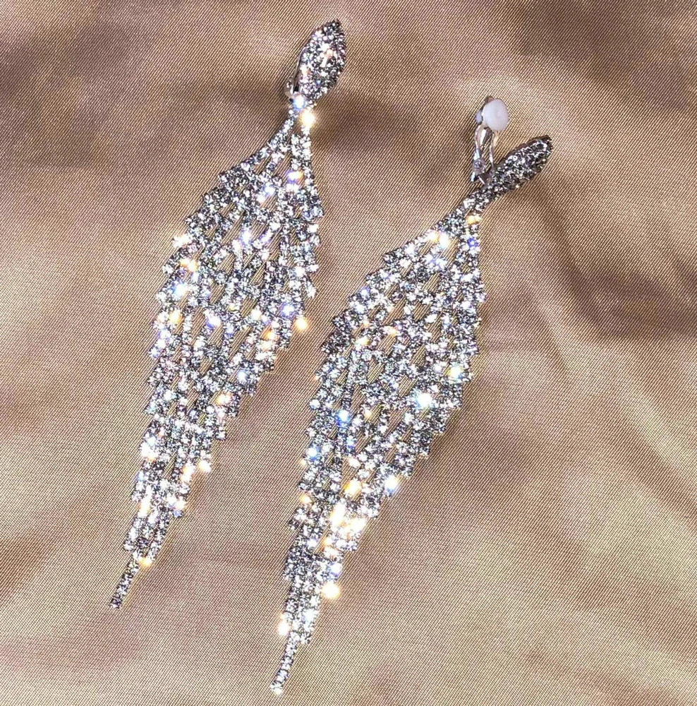 Long Tassel Clip On Earrings Rhinestone Chandelier Boho Fringe Chain Earring for Wedding Bridal Party Jewelry 241030