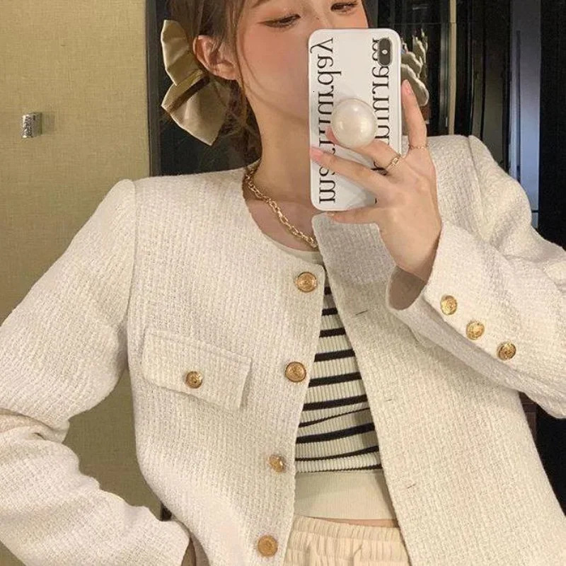 Deeptown Cropped Tweed Jacket Women Vintage Aesthetic Korean Fashion Harajuku Chic Elegant Jackets Autumn Winter Cardigan Coat 241031