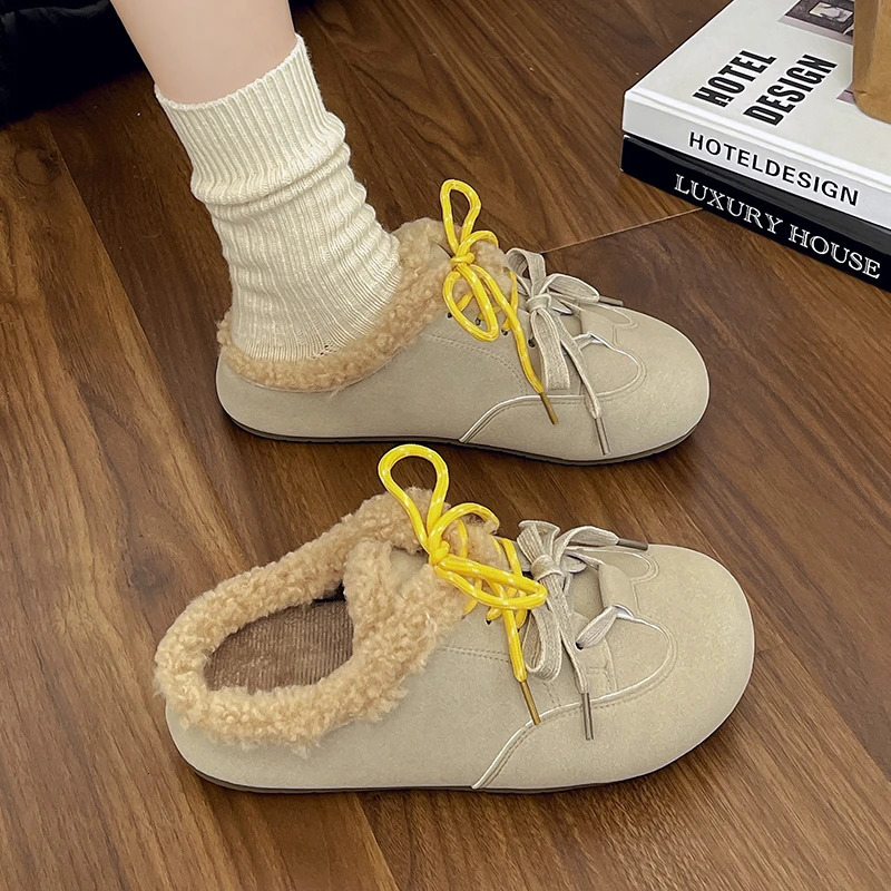 Aphixta Cow Suede Brown Slipper Furry Warm Women Mule Outside Plush Shoes Colorful Lace Up Slides chaussures femme zapatos mujer 241031