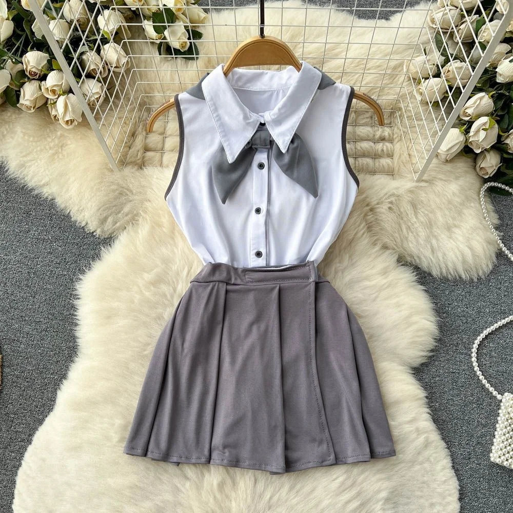 Sweet Bow Preppy Uniform Suits Button Backless Sleeveless BodysuitsPleated Skirt Lingerie Women Sexy JK Erotic Rompers Sets 241031