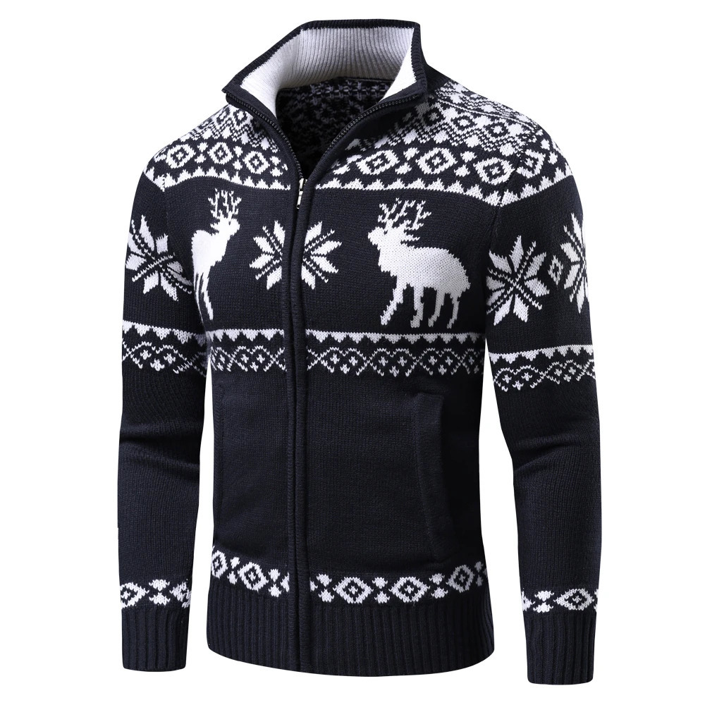 Men Autumn Casual Jacquard Christmas Pattern Zip Sweater Cardigan Jacket Winter Long Sleeve Mock Neck Pullover 241031
