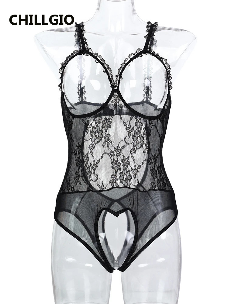 CHILLGIO Women Chic Mesh Tight Jumpsuit Crotchless Sexy Lingerie Combination Romper Lace Hollow Bodysuit Erotic Clothing 241031