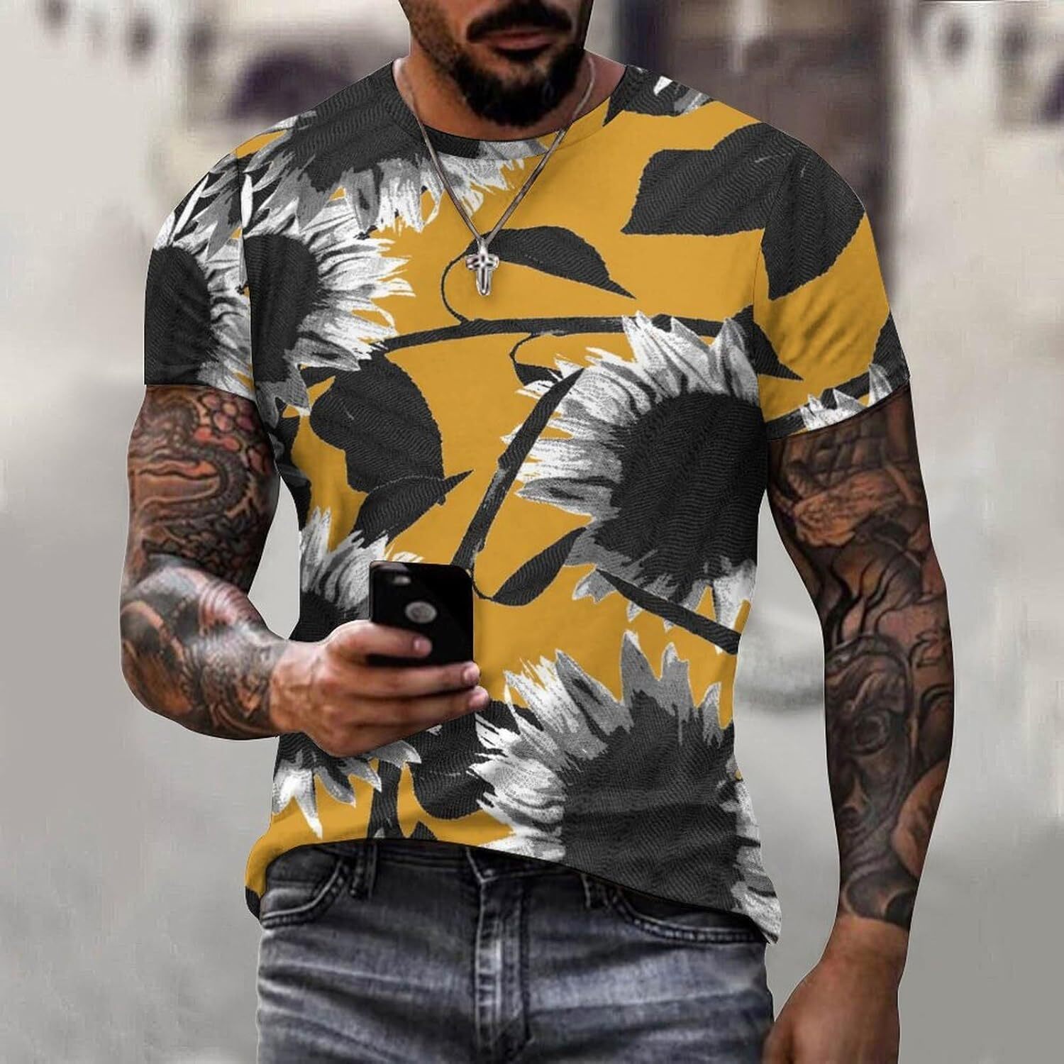 Mens T shirt Sunflower Pattern Cotton T-Shirt 3D Printed Casual Shirt Men's Crew Neck T-Shirt tee Casual tops summer clothes