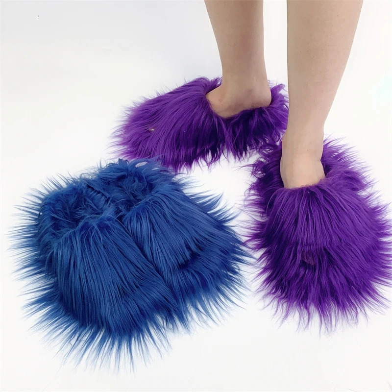 Fuzzy Slides Fur Slippers Women Open Toe Raccoon Fur Slides Woman Shoes Women Flat Half Slippers 241031
