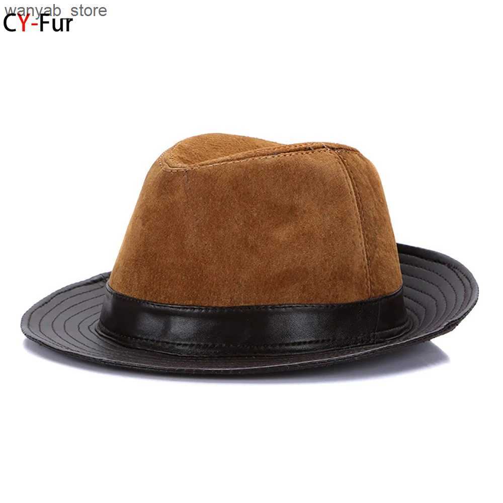 Stingy Brim Hats 2024 Hot Sale Men Fashion Brand % Real Genuine Sheepskin Leather Cowboy Hot Sale Plus Size Hats Sale Real Sheep Leather Caps L240910