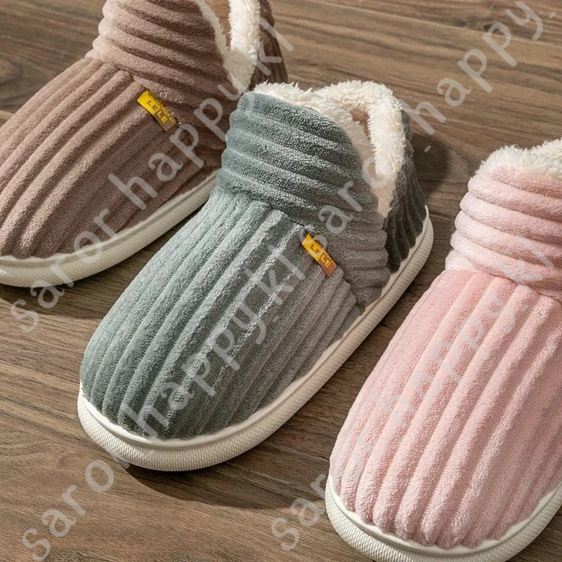 Winter Couple Style Concise Stripes Wrap Heels Plush Slippers Ladies' Non-Slip Soft Warm Flip Flops Men Home Casual Cotton Shoes 269