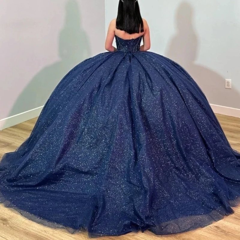 Sparkly Navy Blue Quinceanera Dresses Ball Gown Off The Shoulder Corset Beads Crystal Sweet 16 Party Vestidos De 15 XV Anos