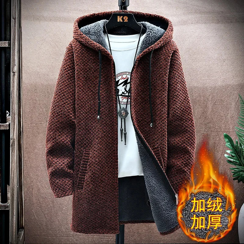 Mens Cardigan Cashmere Long Coat Sweaters with Hoods Autumn Winter Fleece Warm Solid SweaterCoat Windbreaker Men Clothing 241031