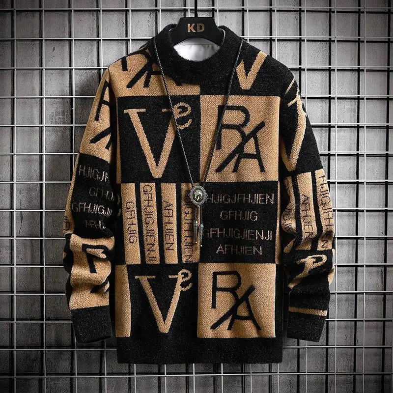 Pullovers Male Graphic Thick Mink Fur Mens Knit Sweater Crewneck Round Collar Knitwear Loose Fit Harajuku Jumpers Y2k 241031
