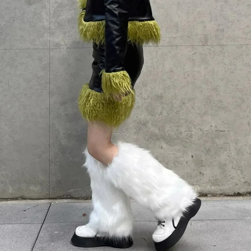 Y2k Vintage Leg Warmers Street Style Plush Faux Fur White Gothic Punk Boot Black Knee-length Fashion Women Stockings 241031