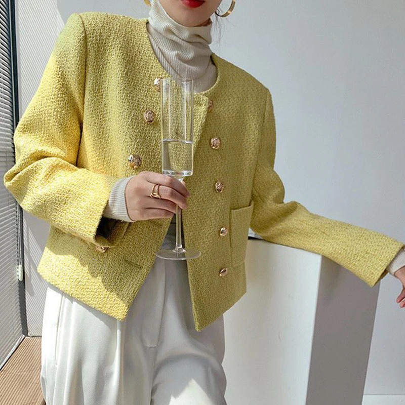 Rimcoy Womens Double-Breasted Tweed Jacket Round Neck Elegant Cropped Coats Women Korean Fashion Long Sleeve Solid Jackets 241031