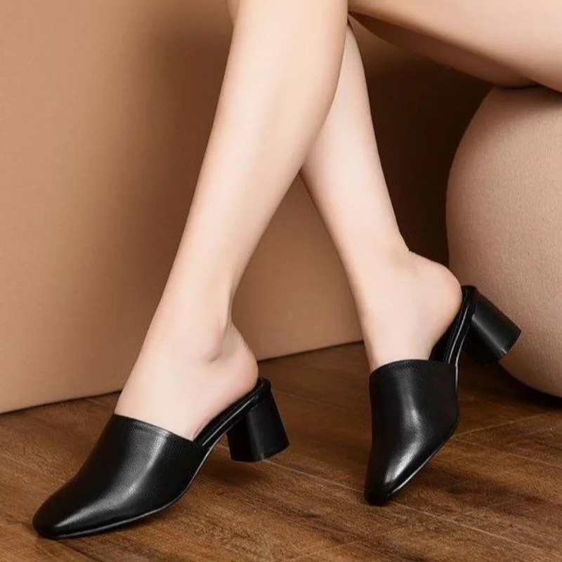 Baotou Half Slippers Women Summer Outer Wear Fashion Solid Color Square Toe Thick Heel High-heeled Womens Slides Pantuflas 241031