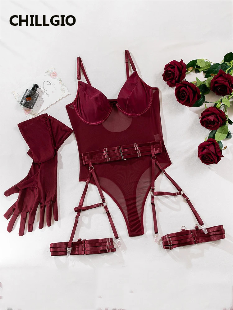 CHILLGIO Women Sexy Solid Mesh Bodysuits Fashion Underwire One Piece Combination Onesie Erotic Push Up Bodycon Strappy Rompers 241031