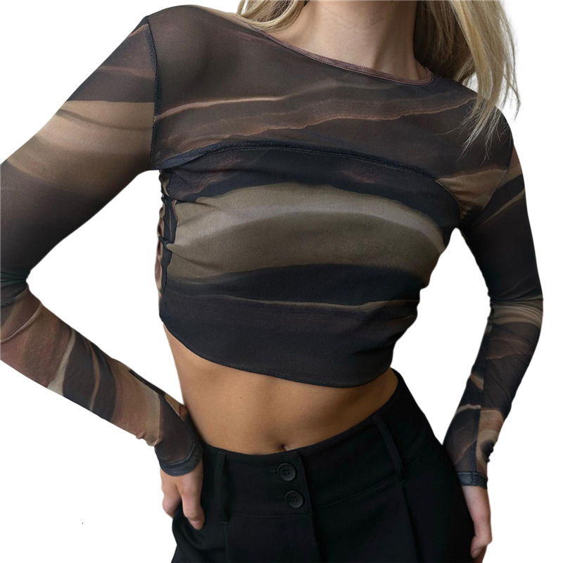 INS style 2024 autumn new women's fashion printed mesh sexy backless slim fit short crop top T-shirt