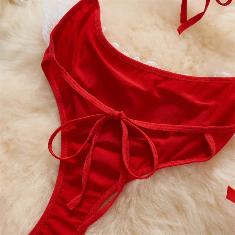 Sexy Lingerie Lace-up Top Cosplay Maid Uniform Bodysuit Set Mini Skirt Patchwork Lace Edge Backless Jumsuit Hollow Women Suits 241031