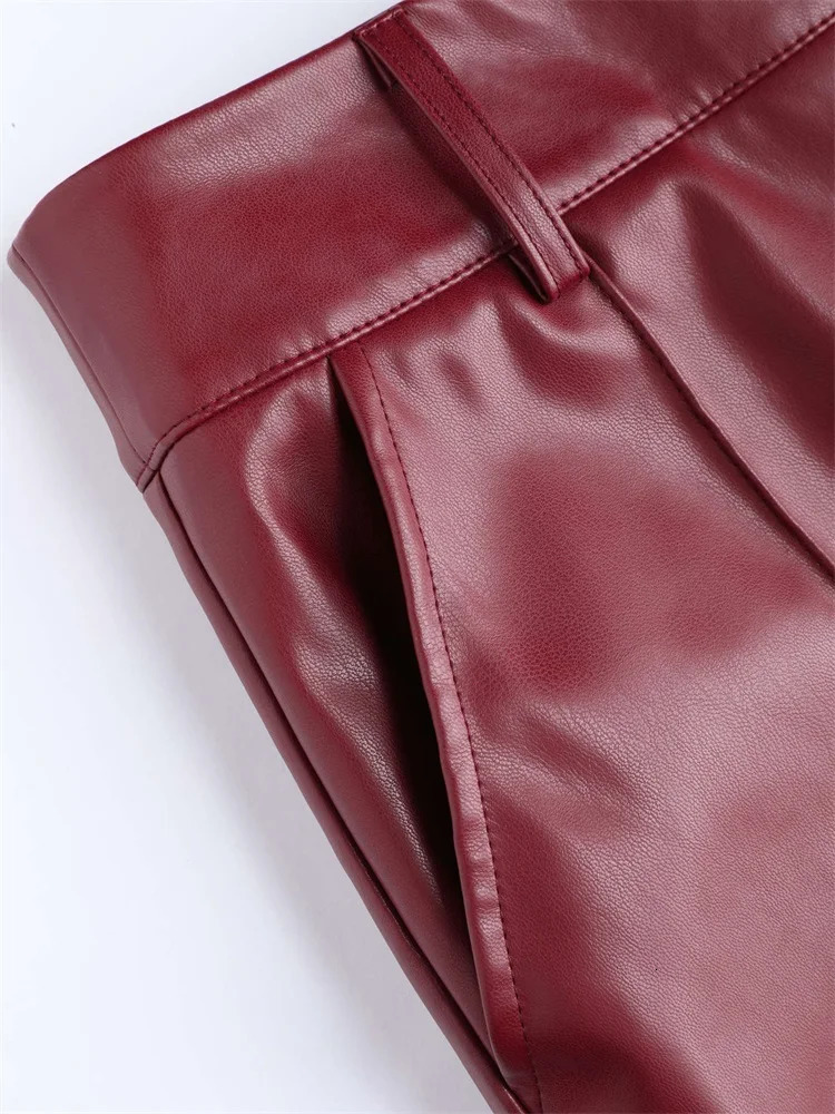 Women High Waist Matte Leather Straight Pants Casual Loose Trousers With Pocket Vintage Burgundy PU Pants Party Cutstom Clubwear 241031