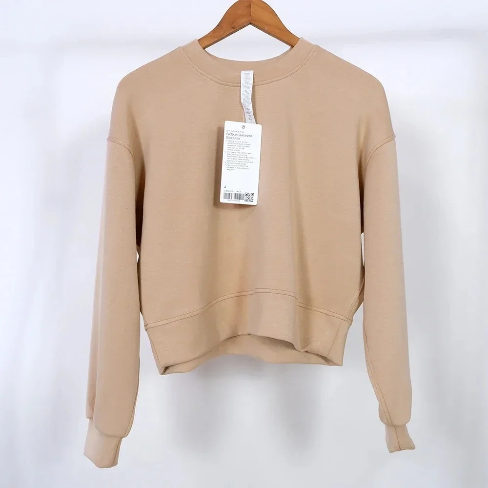 Oversized Long Sleeve Shirt Cropped Sweatshirt Waist Length Crew Relaxed Fit Workout Top Casual Wear 241031