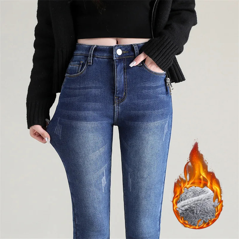 Women Thermal Jeans Winter Snow Warm Plush Stretch Jeans Lady Skinny Thicken Fleece Denim Long Pants Retro Blue Pencil Trousers 241031