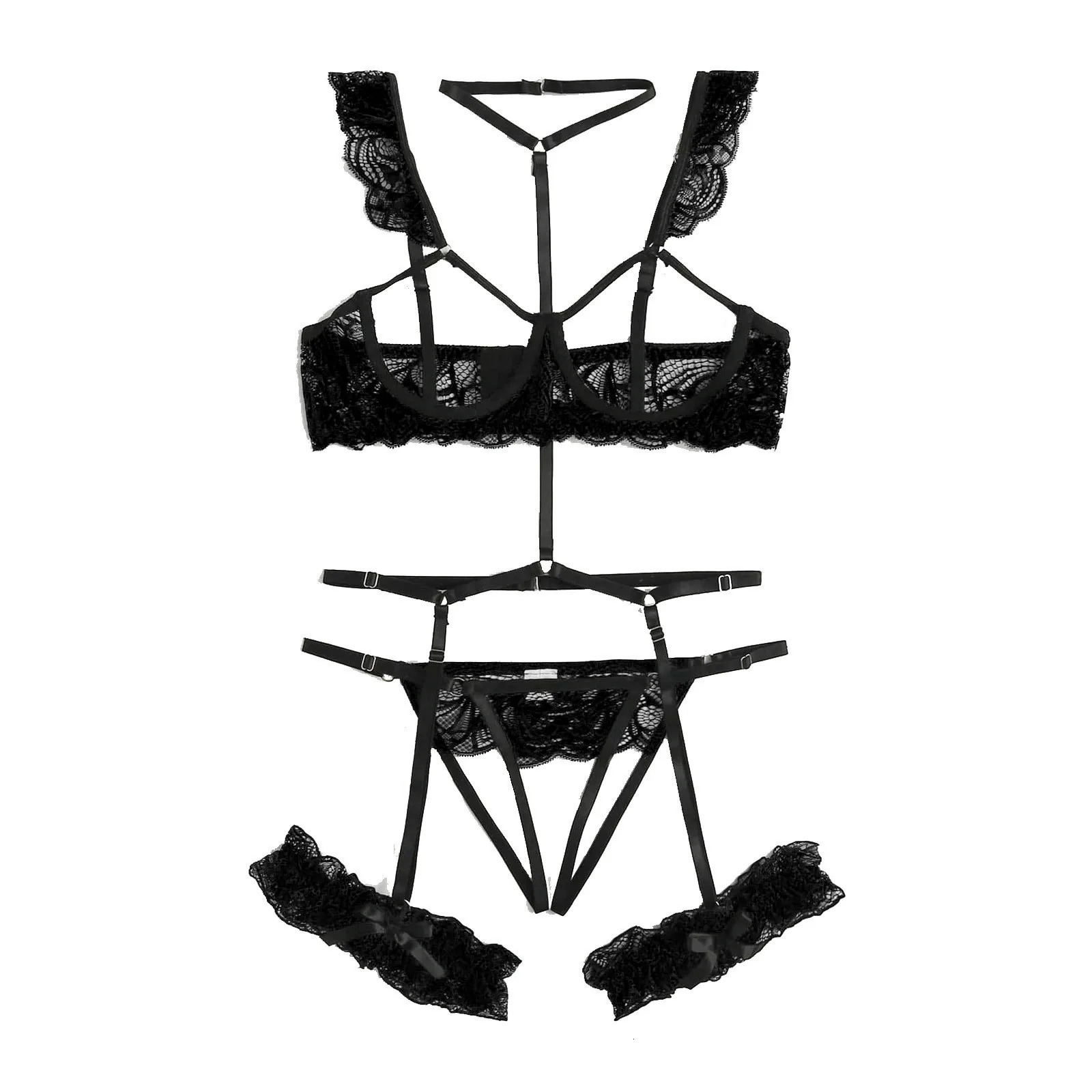 Woman Flower Lace Underwire Garter And Thong Sexy Bra Ultrathin Underwear Set Transparent Bra Set Embroidery Lingerie Brassiere 241031