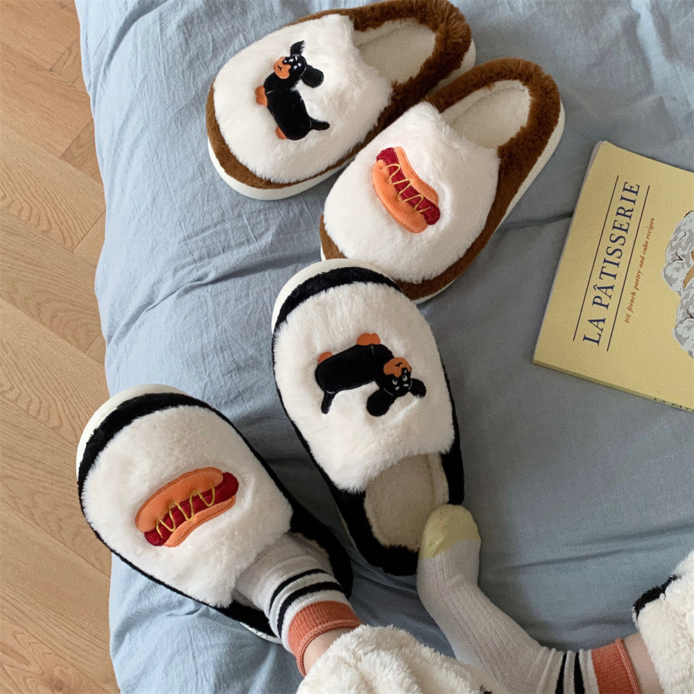 Female winter personality cartoon dachshund puppy fluffy cotton slippers Warm and interesting shoes for home bedroom in winter