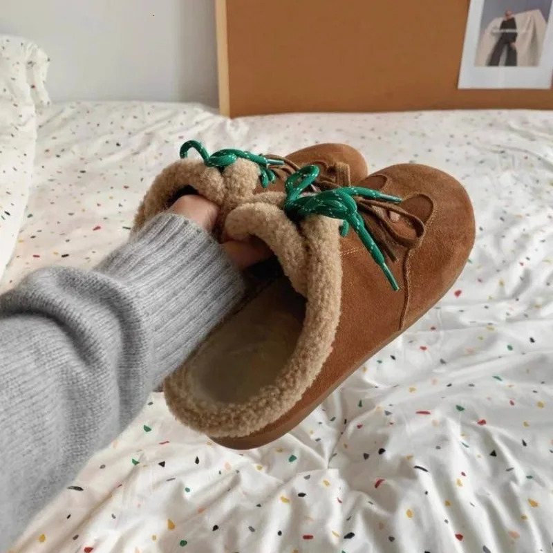 Flats Mules Women Slingback Slippers Winter Suede Lace Up Fashion Short Plush Warm 2025 Trend Shoes Women Cozy Cotton Slippers 241031