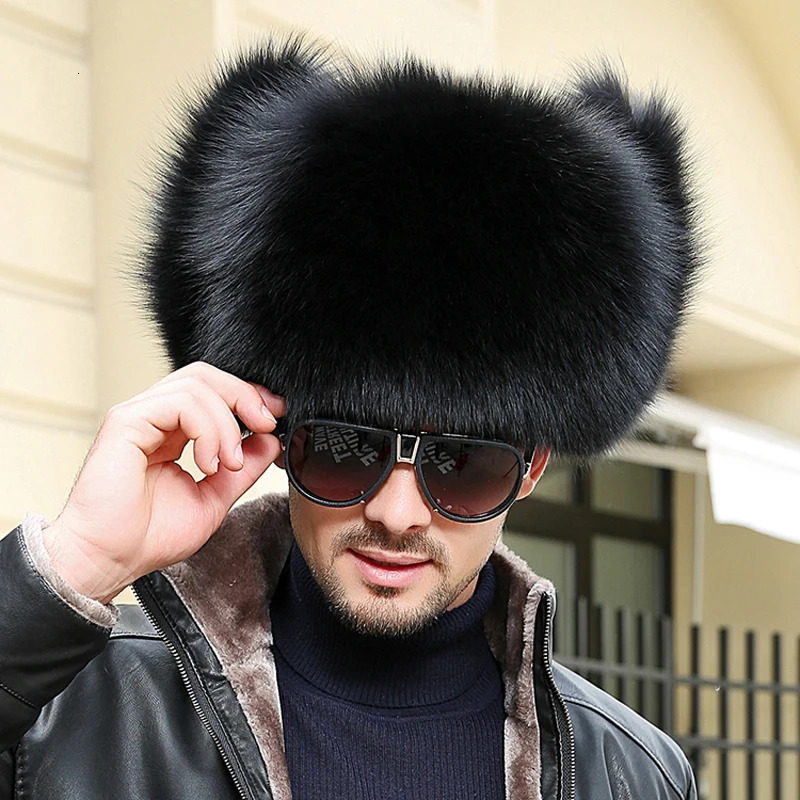 Winter Mens 100% Real Silver Fox Fur Bomber Hat Raccoon Fur Wusanka Hat Catcher Russian Mens Ski Hat Real Leather 241030