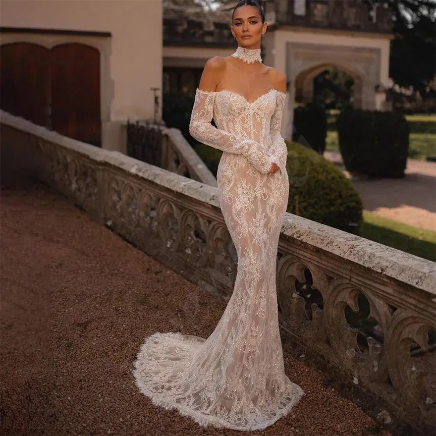 Sexy Backless Lace Mermaid Wedding Dresses Off The Shoulder Long Sleeves Bridal Gowns Illusion Champagne Lining Charming Bride Dress 2024 Summer