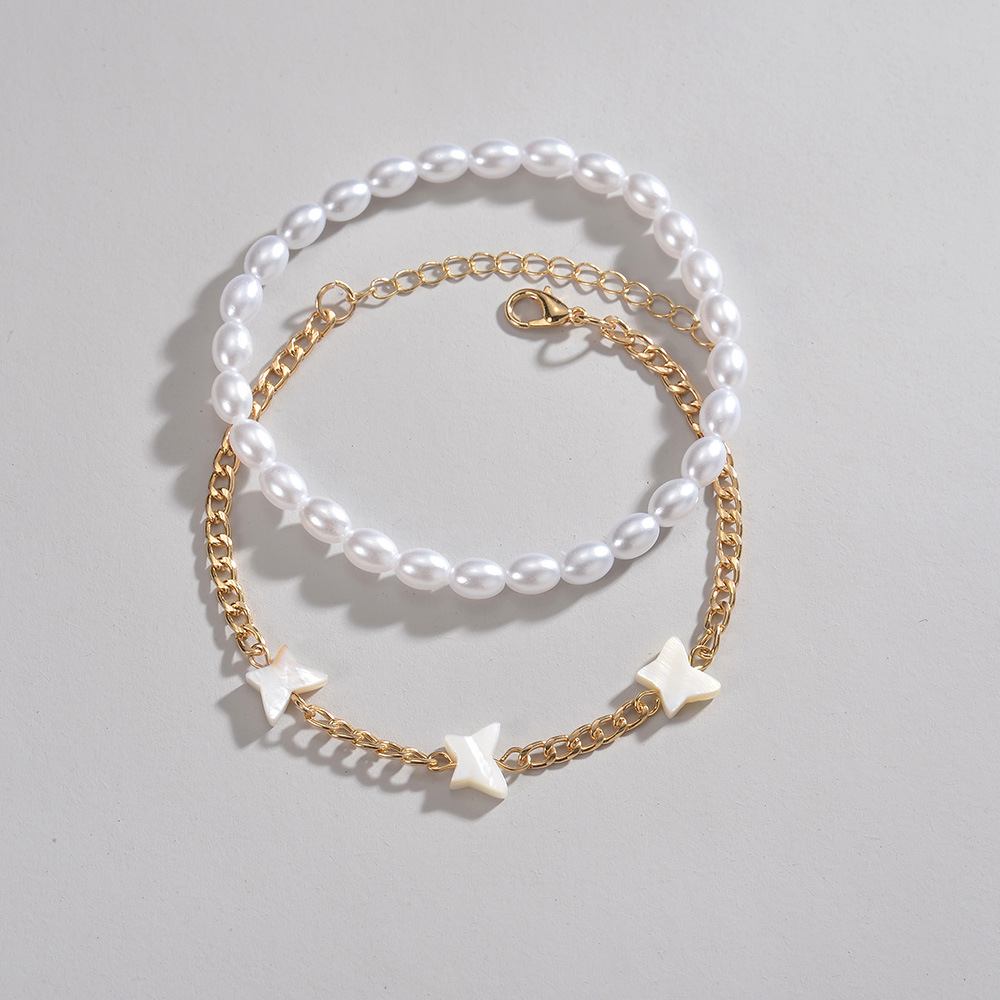 Women's Dainty Two-Tiered Butterfly and Pearl Foot Chain Accessory