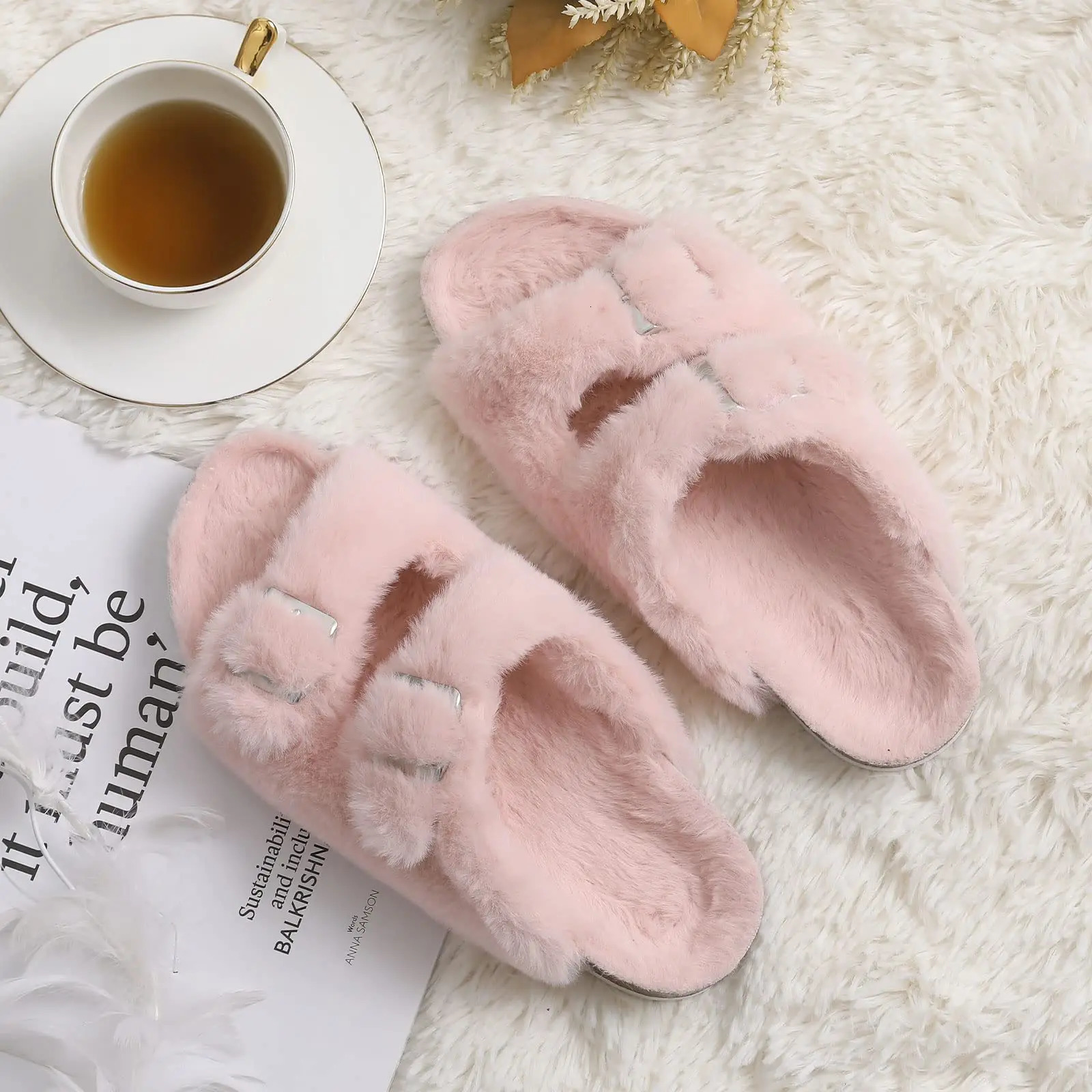 Pallene Winter Fuzzy Slide for Women Indoor Fluffy Fur Slide for Women Adjustable Plush Cork Slide Warm Winter Open Insole 241031