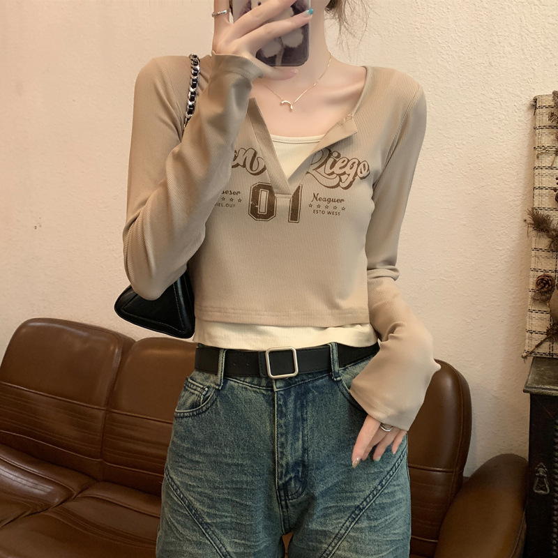 Designer American Printed Fake Two piece Long Sleeve T-shirt for Women 2024 Autumn New Women's Wear Slim Fit Bottom Inner Top