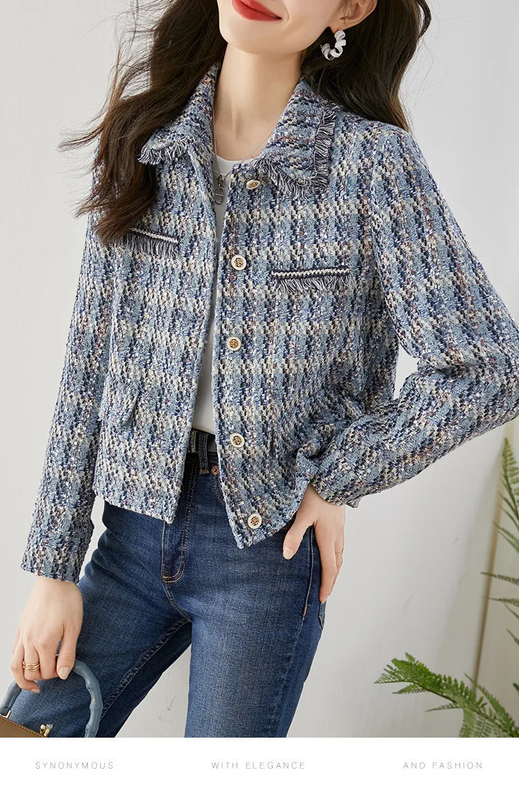 Autumn Winter Fragrant Style Turn Neck Straight Tube Tweed Short Coat Womens Long Sleeve Jackets 241031