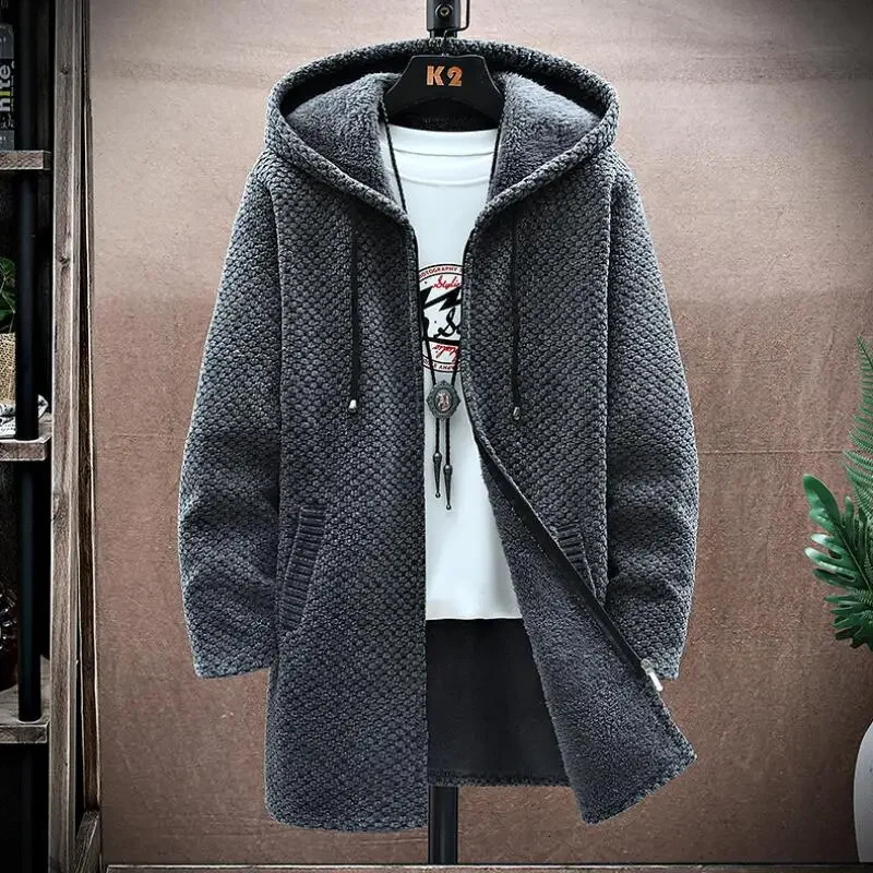 Mens Cardigan Cashmere Long Coat Sweaters with Hoods Autumn Winter Fleece Warm Solid SweaterCoat Windbreaker Men Clothing 241031