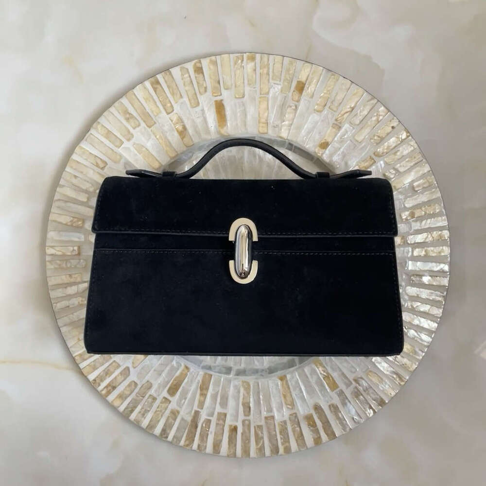 First-Layer Cowhide Vintage Handbag 25 Women Niche Design Black Suede Flip Clutch Genuine Leather Handheld Small Square Bag