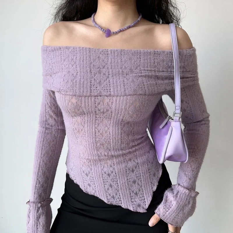 Designer style irregular jacquard hollowed out one shoulder brushed lace long sleeved T-shirt for women slim fit spicy girl top